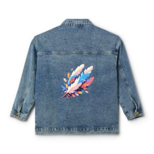 Denim jacket with a colorful geometric feather design on the back