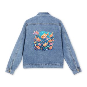 Men's denim jacket with colorful fish design on the back