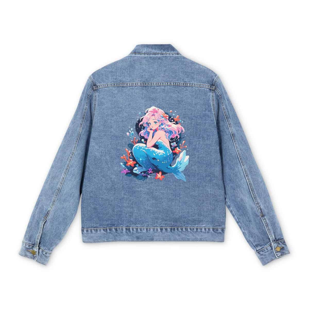 Light blue denim jacket with colorful mermaid design on the back