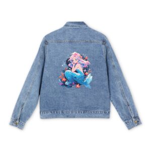 Light blue denim jacket with colorful mermaid design on the back