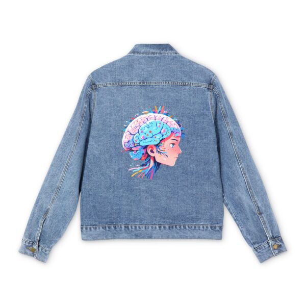 Light blue denim jacket with colorful brain and profile design on the back