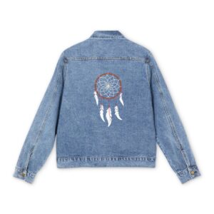 Light blue denim jacket with a colorful dreamcatcher design on the back