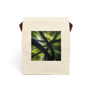 Canvas lunch bag with strap featuring a tropical palm tree design