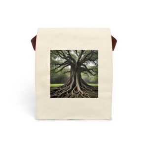 Canvas lunch bag with strap featuring a large tree with exposed roots design