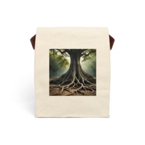 Canvas lunch bag with strap featuring a large tree with extensive exposed roots design