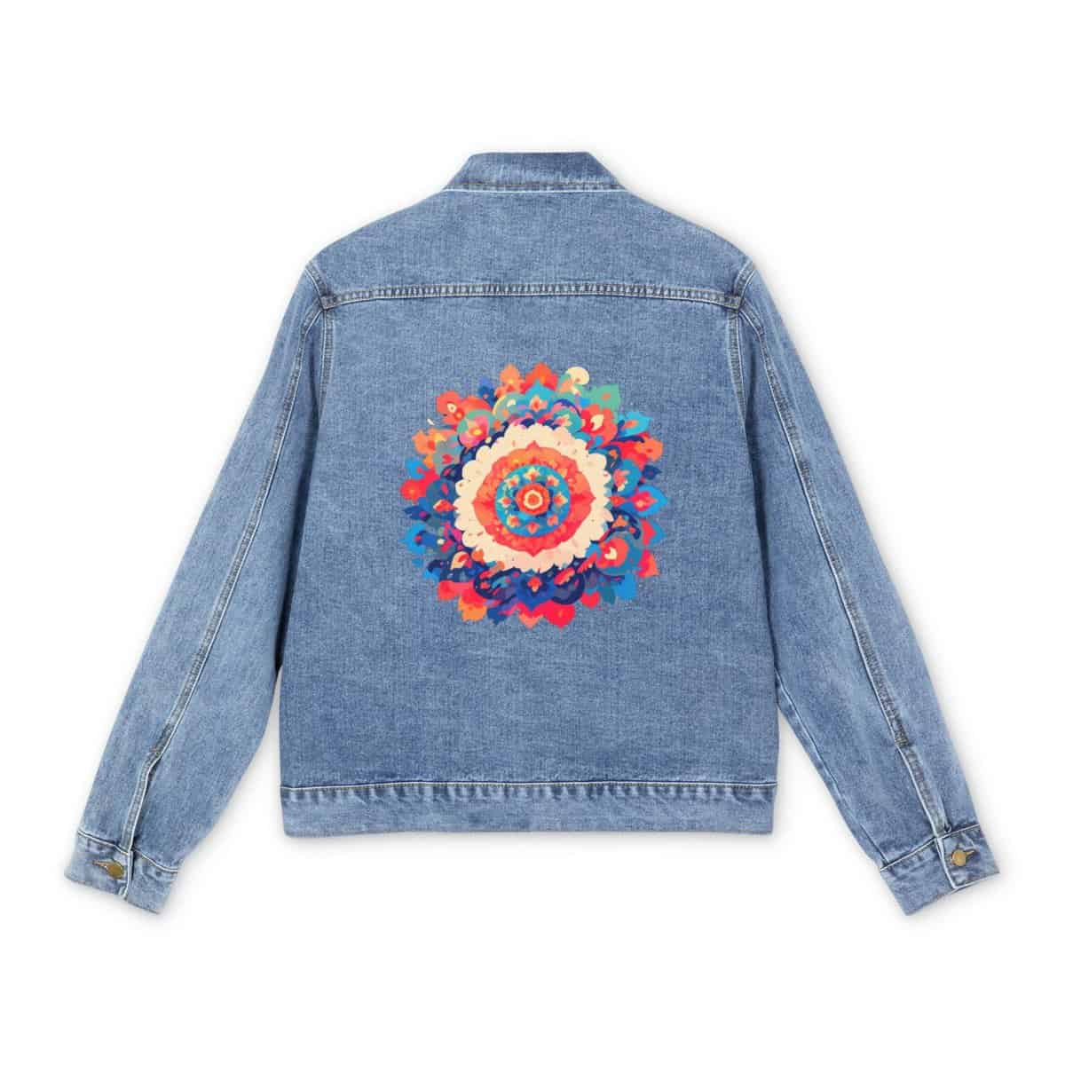 Men's denim jacket with a colorful mandala graphic design on the back