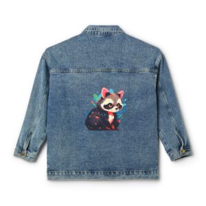 Denim jacket with a colorful raccoon design on the back