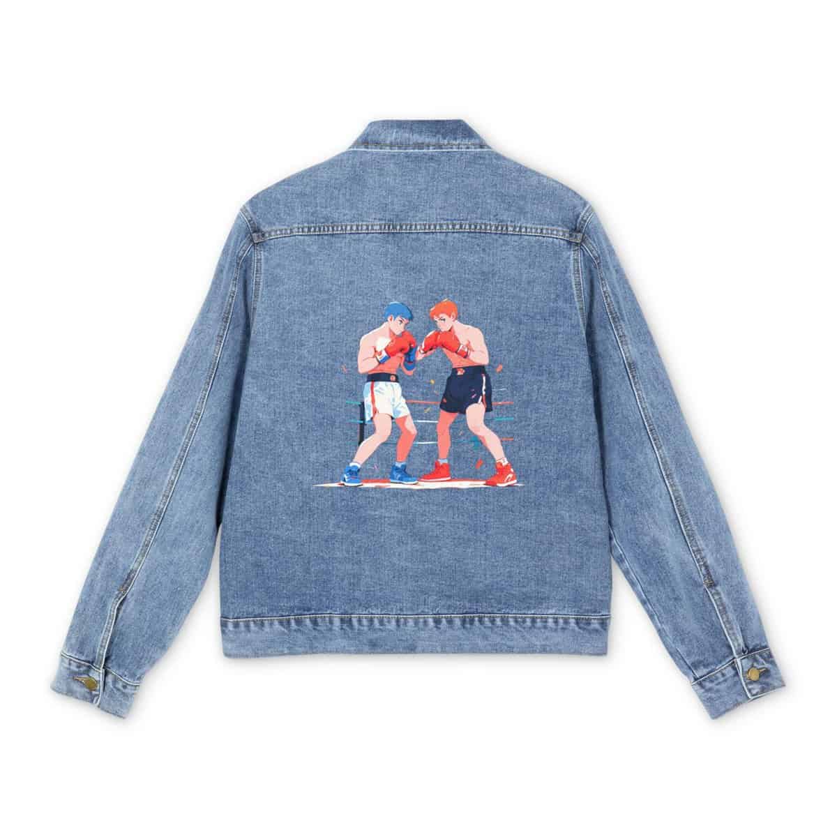 Light blue denim jacket with colorful boxing design on the back