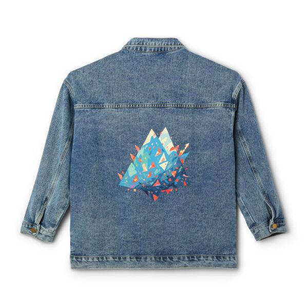 Women's denim jacket with a colorful triangular mosaic design on the back