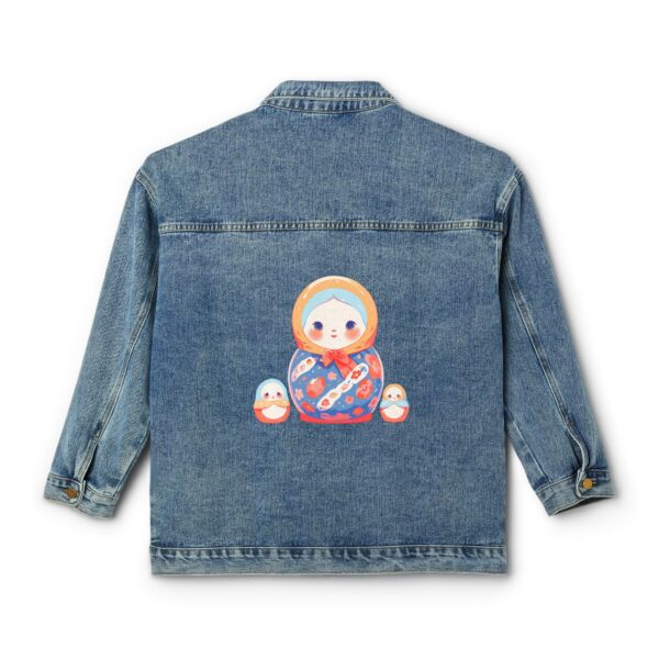 Women's Denim Jacket with a colorful Matryoshka doll design on the back