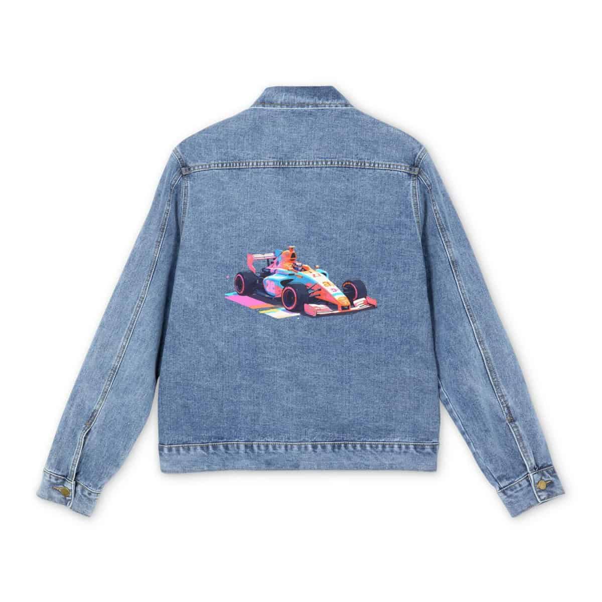 Light blue F1 Denim Jacket with colorful Formula 1 car design on the back