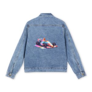 Light blue denim jacket with colorful Formula 1 car design on the back