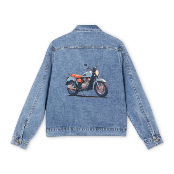 Men's denim jacket with a classic motorcycle graphic design on the back