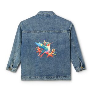 Denim jacket with a colorful hummingbird design on the back