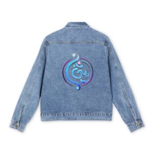 Light blue denim jacket with colorful spiritual OM symbol design on the back