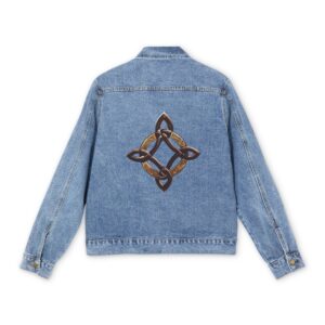 Light blue denim jacket with a brown and black Celtic knot design on the back