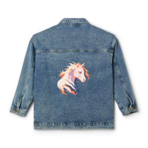 Denim jacket with a colorful horse head design on the back