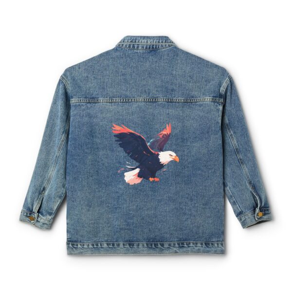 Denim jacket with a colorful eagle design on the back