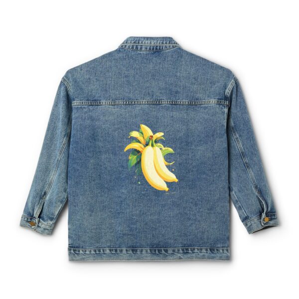 Denim jacket with a colorful cat design on the back