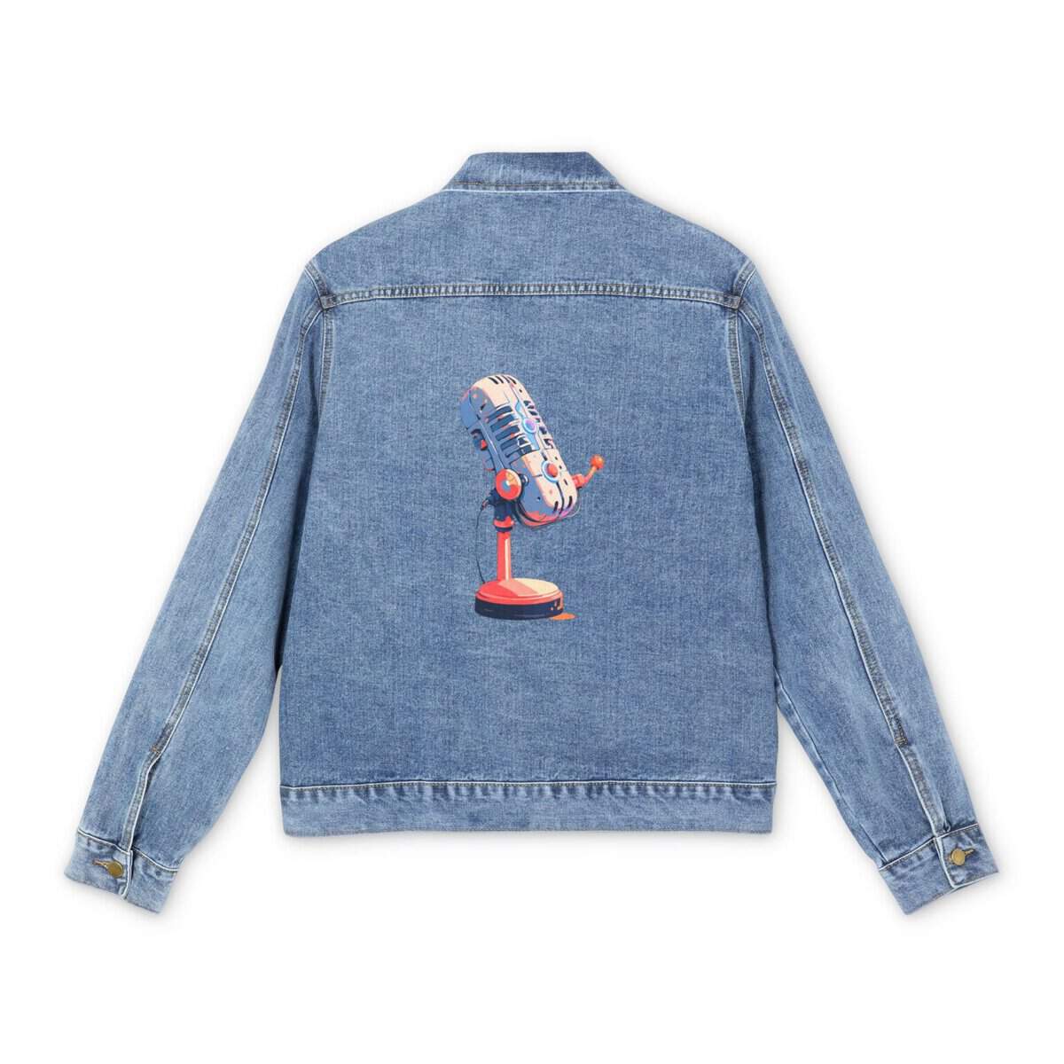 Men's denim jacket with a colorful vintage microphone graphic design on the back