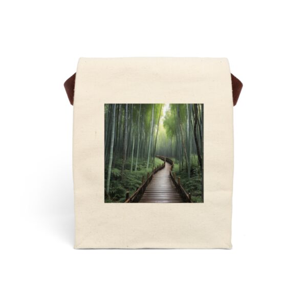 Canvas lunch bag with strap featuring a tranquil bamboo forest walkway design