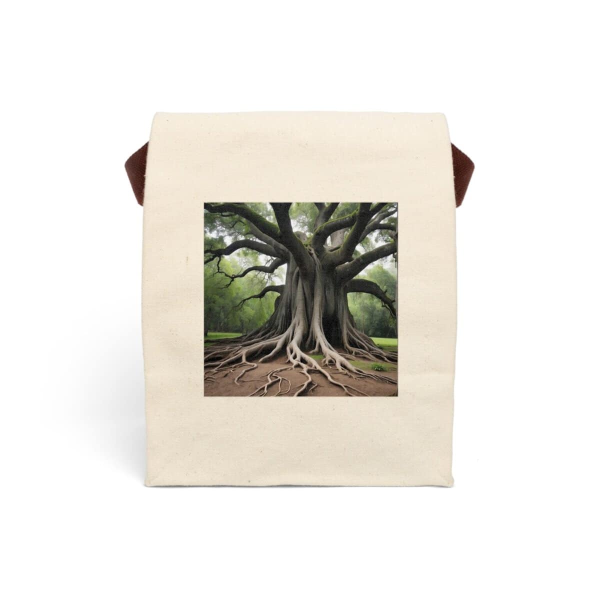 Canvas lunch bag with strap featuring a majestic tree with large exposed roots design