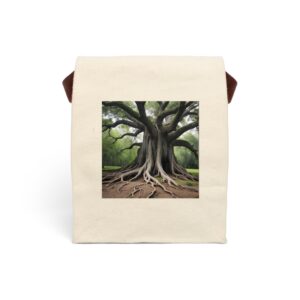 Canvas lunch bag with strap featuring a majestic tree with large exposed roots design