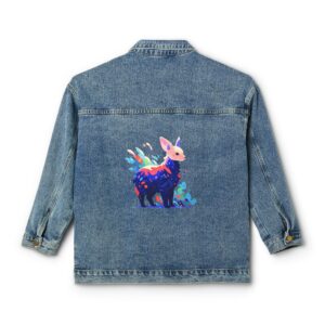 Denim jacket with a colorful geometric deer design on the back