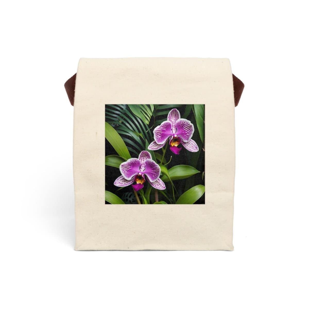 Canvas lunch bag with strap featuring a purple orchid and green leaves design