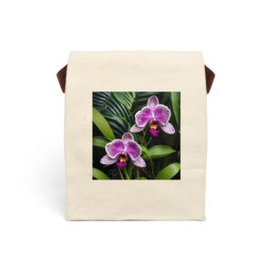 Canvas lunch bag with strap featuring a purple orchid and green leaves design