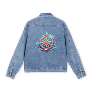 Light blue denim jacket with colorful ship wheel design on the back