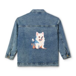 Denim jacket with a colorful dog design on the back