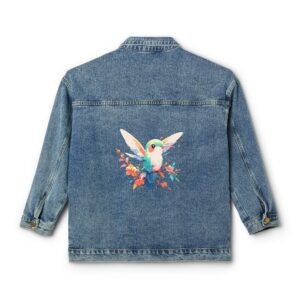 Denim jacket with a colorful hummingbird design on the back