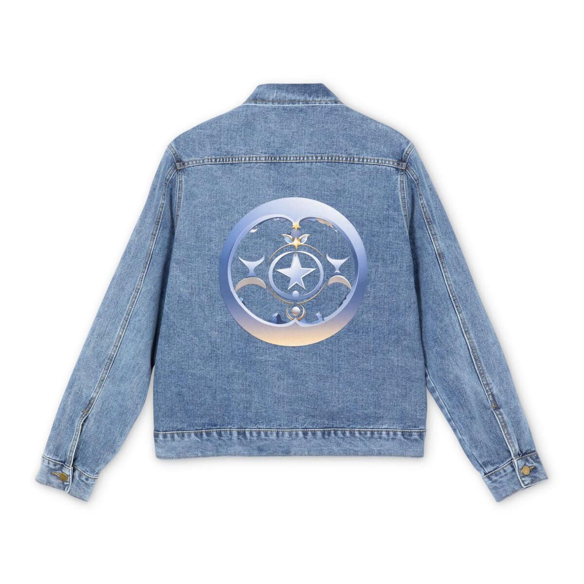 Light blue denim jacket with colorful Triple Moon Goddess design on the back