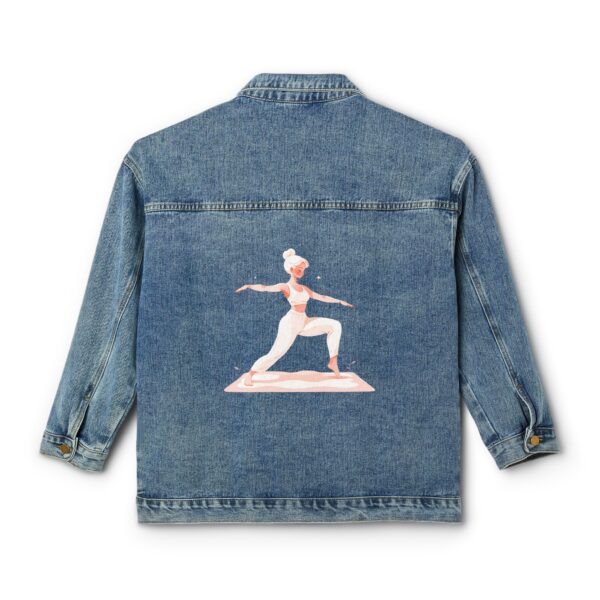 Denim jacket with a woman performing a standing yoga pose on the back