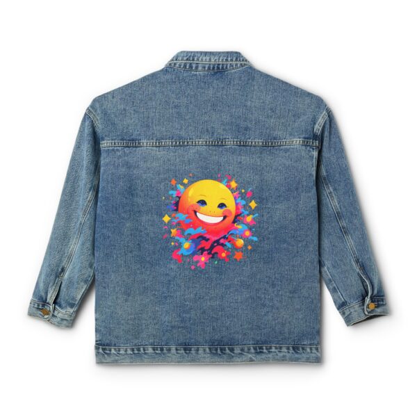 Denim jacket with a colorful smiley face design on the back