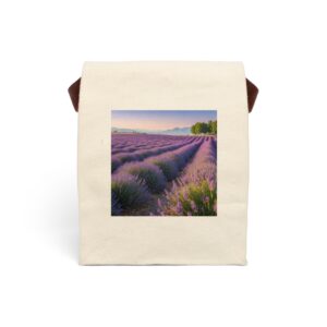 Canvas lunch bag with strap featuring a serene lavender field design