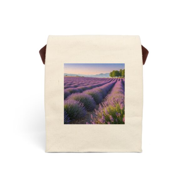 Canvas lunch bag with strap featuring a serene lavender field design