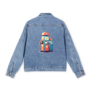 Men's denim jacket with a colorful vintage gas station graphic design on the back