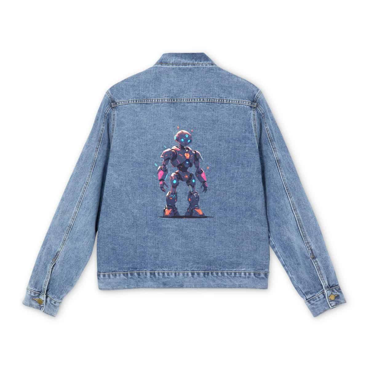 Light blue denim jacket with colorful robot design on the back