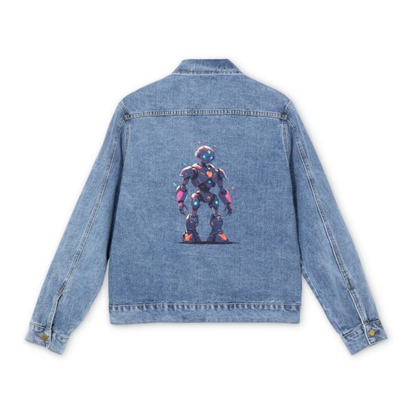 Light blue denim jacket with colorful robot design on the back