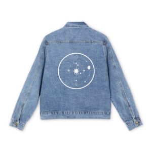 Light blue denim jacket with a white circular zodiac constellation design on the back