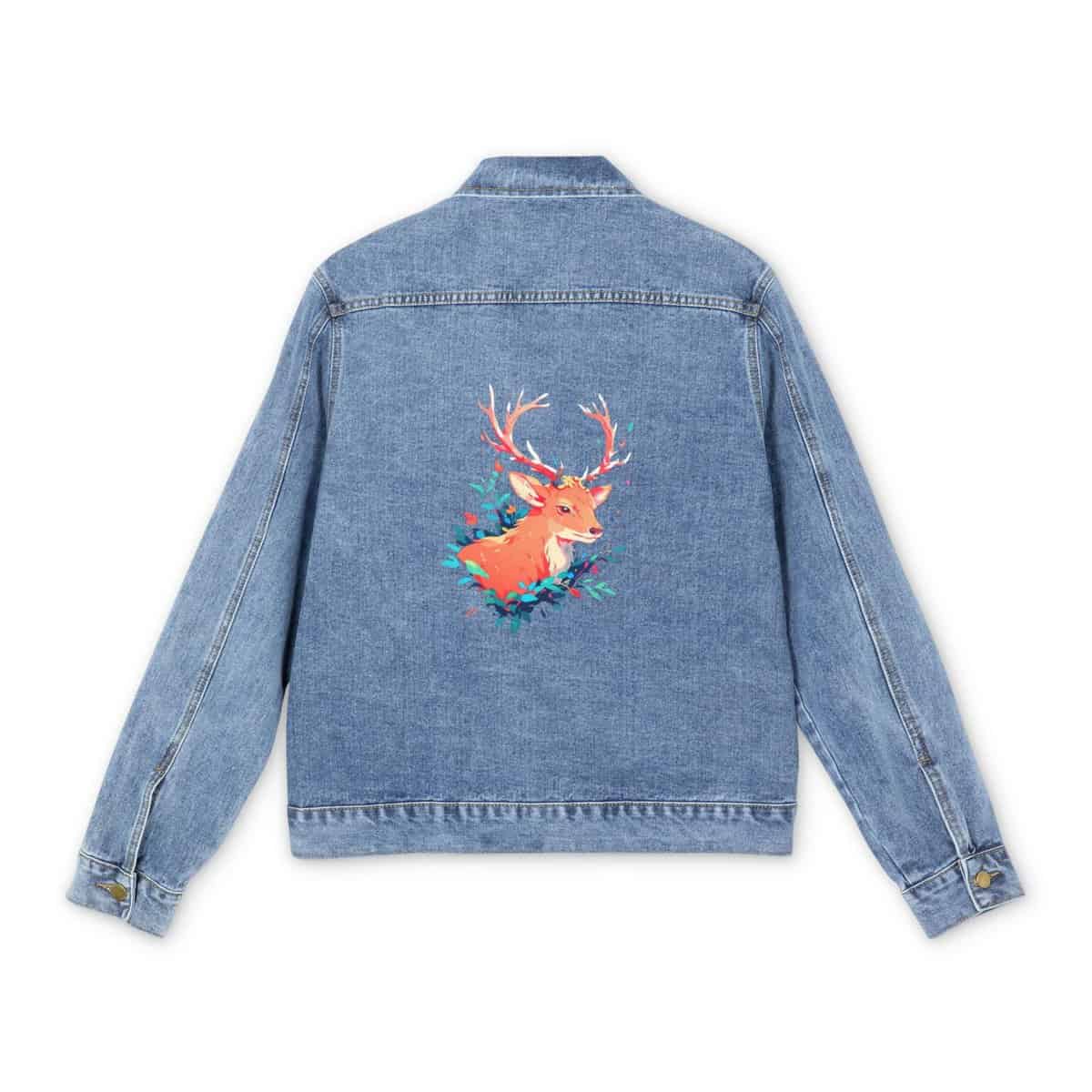 Men's denim jacket with a colorful stag graphic design on the back