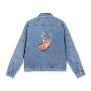 Men's denim jacket with a colorful stag graphic design on the back