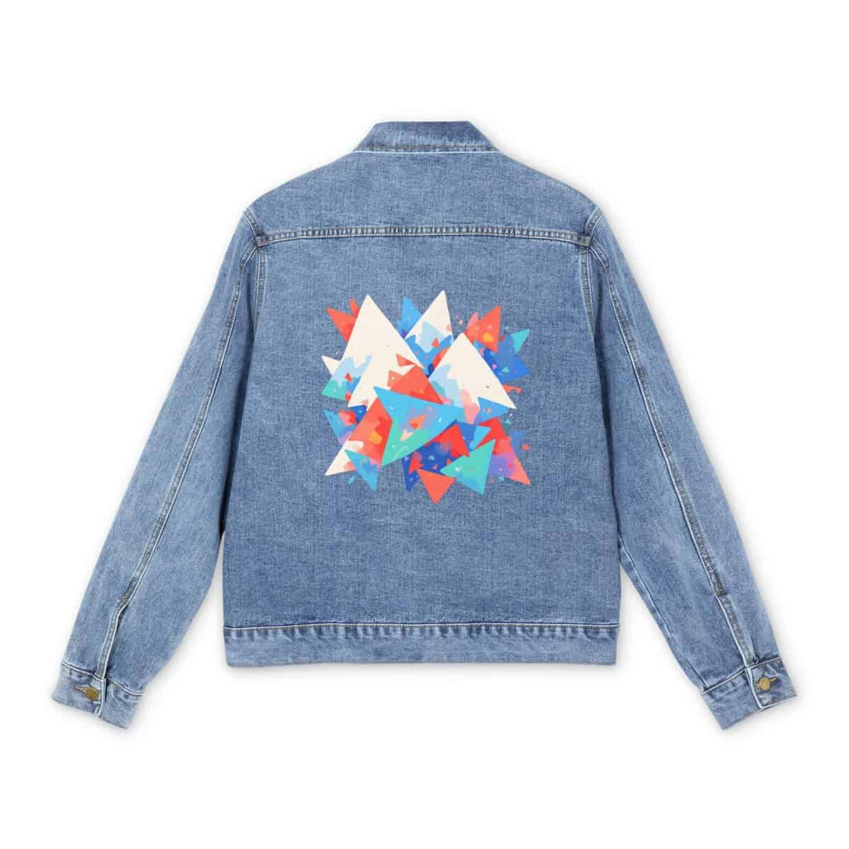 Men's denim jacket with a colorful irregular shapes graphic design on the back