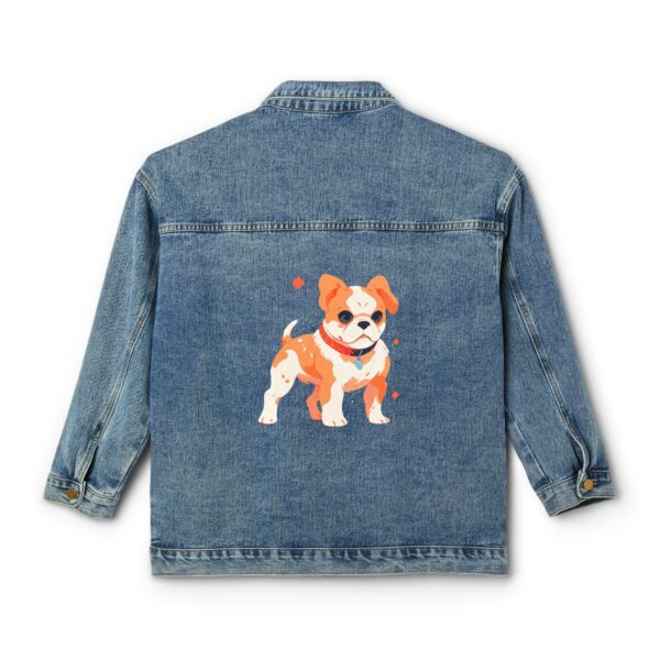 Denim jacket with a colorful dog design on the back