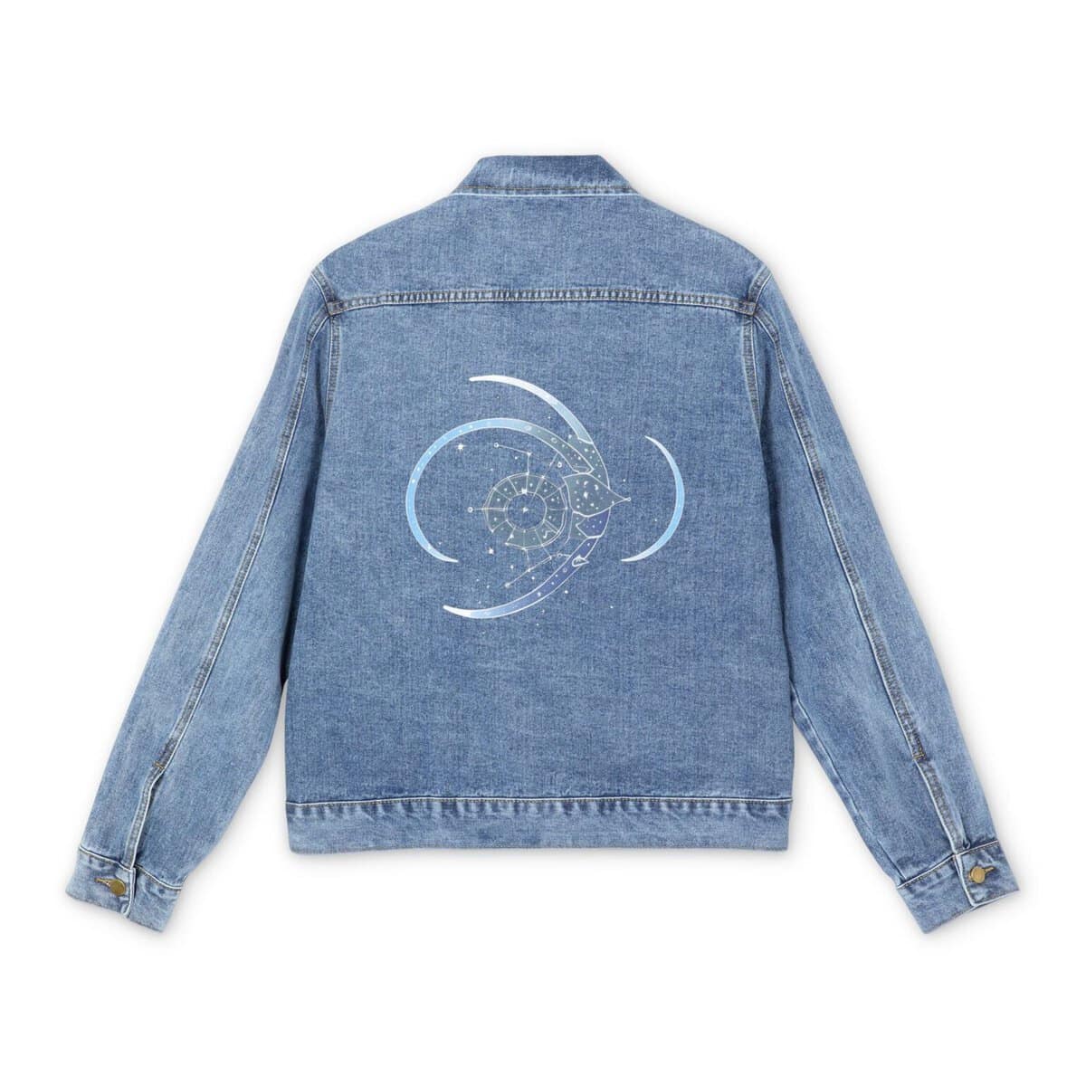 Light blue denim jacket with a zodiac constellation design on the back