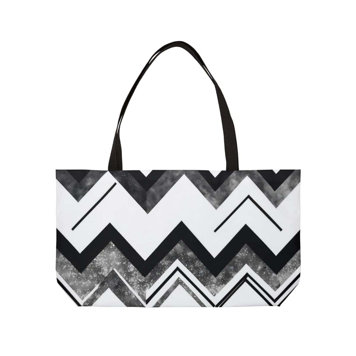 Stylish black and white chevron stripe weekender tote bag with bold pattern and sturdy handles