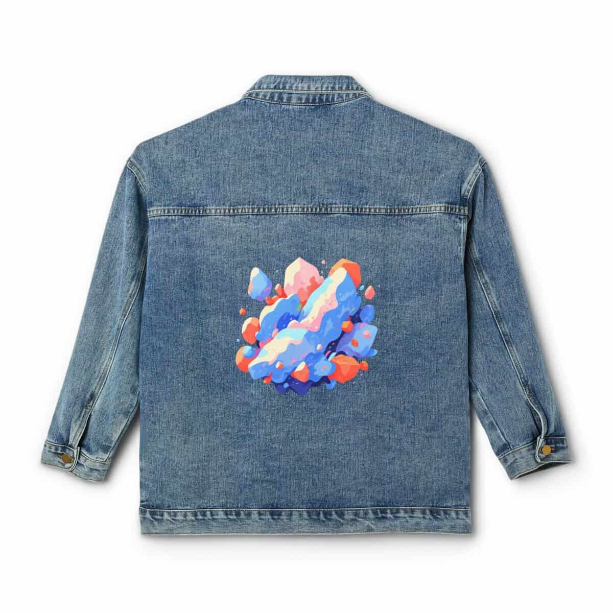 Women's denim jacket with a colorful polygonal shapes design on the back