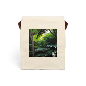 Canvas lunch bag with lush tropical jungle foliage design.